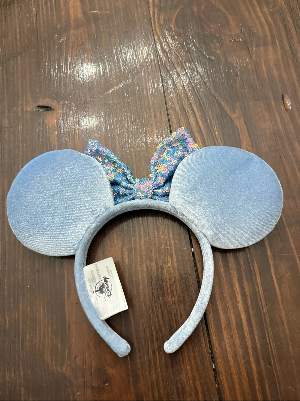 Disney Parks Minnie Mouse Ears Headband Blue Velvet Iridescent Sequin Bow